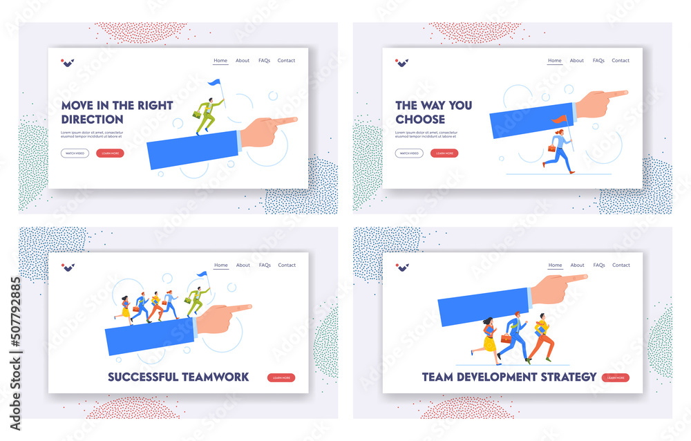 Poster successful teamwork landing page template set. business people characters run by huge hand with inde
