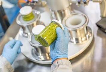 Pesto sauce Industrial process. High quality sauce production. Factory worker working on vacuum...