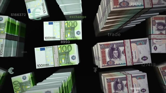 Euro and Mongolia Togrog, Tugrik money exchange. Paper banknotes pack bundle. Concept of trade, economy, competition, crisis, banking and finance. Notes loopable seamless 3d animation.