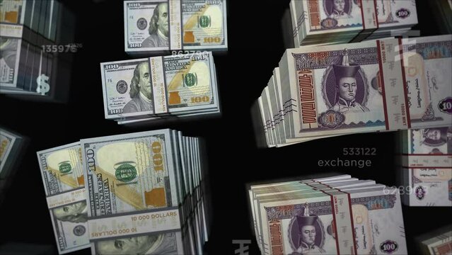 American Dollar and Mongolia Togrog, Tugrik  money exchange. Banknotes pack bundle. Concept of trade, economy, competition, crisis, banking and finance. Notes loopable seamless 3d.