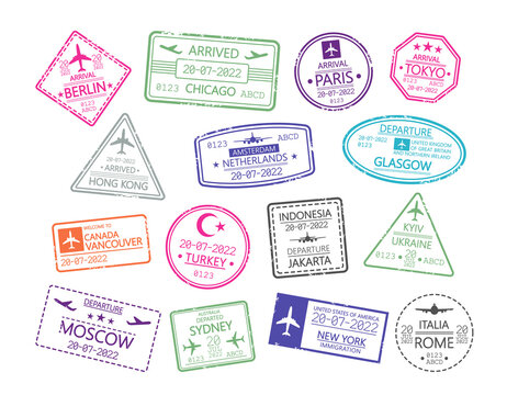 Set of Passport Stamps, Visa Travel Signs. Airport Control, Immigration, International Departure, Arrival Document