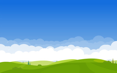 Meadow in mountains. Trees and green grass on the hills. Country background in cartoon style banner. Blue sky and white clouds high in mountains.