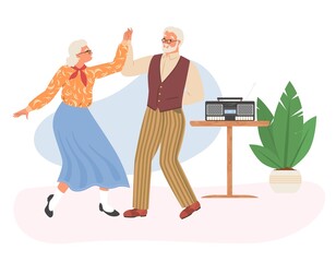 Happy old couple dancing flat vector illustration