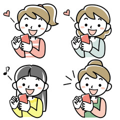 スマホを見て喜ぶ若い女性の上半身セット