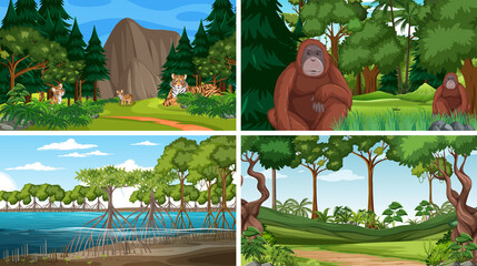 Naklejka premium Different forest scenes with wild animals