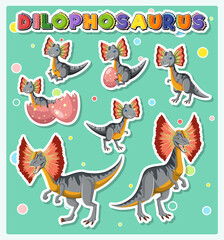 Set of cute dilophosaurus dinosaur cartoon characters
