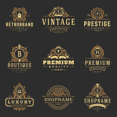 Luxury monograms logos templates vector objects set for logotype or badge design. Trendy vintage royal ornament frames illustration, good for fashion boutique, alcohol or hotel brand. - obrazy, fototapety, plakaty
