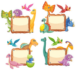 Empty board with cute dinosaurs cartoon characters © blueringmedia