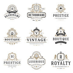 Luxury monogram logos templates vector objects set for logotype or badge design. Trendy vintage royal ornament frames illustration, good for fashion boutique, alcohol or hotel brand.