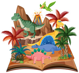 Opened book with dinosaur in prehistoric forest