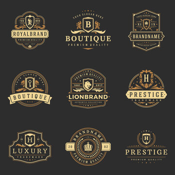 Luxury monograms logos templates vector objects set for logotype or badge design. Trendy vintage royal ornament frames illustration, good for fashion boutique, alcohol or hotel brand.