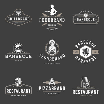 Restaurant logos templates vector objects set. Logotypes or badges design. Trendy retro style illustration, chef woman, barbecue, pizza silhouettes.