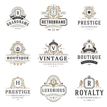 Luxury monogram logos templates vector objects set for logotype or badge design. Trendy vintage royal ornament frames illustration, good for fashion boutique, alcohol or hotel brand.
