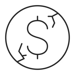 Cracked dollar coin icon vector isolated. Symbol of financial crisis and global recession. Economy in danger. Broken coin.