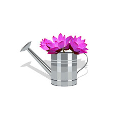 Garden watering can with a bouquet of flowers. Isolated on white background.