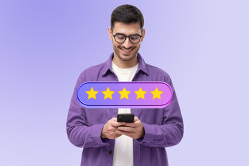 Customer service experience concept of handsome man giving five star feedback on smartphone