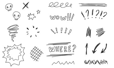 Doodle tornado, nature, arrow, stars, skull, text. Sketch set cute isolated line collection.