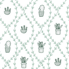 Fototapeta na wymiar Beautiful white pattern with doodle plants and hand drawn cactus. Cute cacti texture for paper, fabric, kitchen, children.