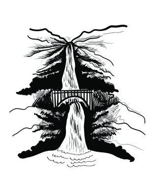 recommend clip art: waterfall in mountains landscape with bridge, hand drawn vector outline  drawing