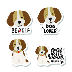 Cute cartoon beagly sitting. Beagle dog face with hand lettering dog lovers quotes. Printable stickers set. 