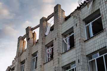 Destroyed school building as a result of bomb attack by Russian troops. Ukraine, Zhytomyr, May 7, 2022