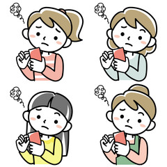 スマホを見て困る若い女性の上半身セット喜ぶ