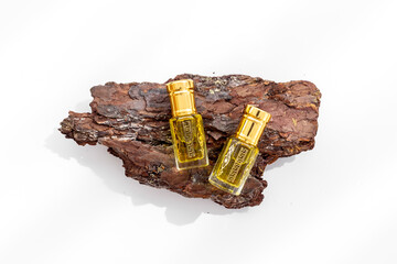 Glass bottles of perfume Oud oil. Aromatic Arabian oil