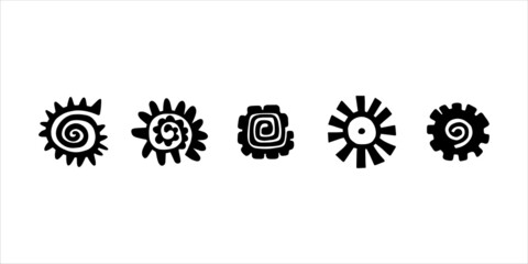 Set of abstract sun symbols. Hand drawn picture of primitive tribes. Vector illustration in ethnic style