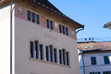 Coat of arms at historic town hall of City of Rapperswil-Jona on a sunny spring day. Photo taken April 28th, 2022, Rapperswil-Jona, Switzerland.