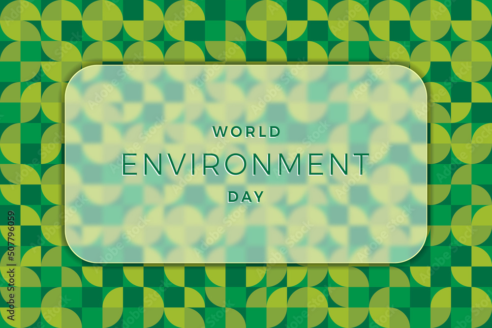 Poster world environment day banner design layout with blurred glass element and geometric pattern. holiday