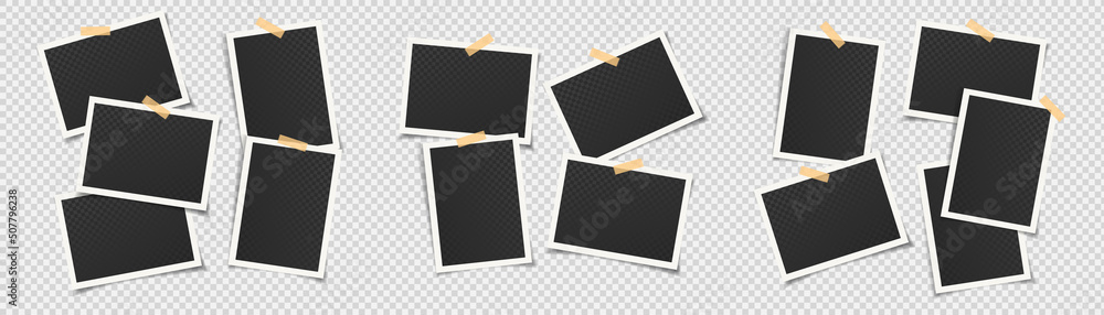 Wall mural set of empty black photo frames of various shape and size glued to transparent background with adhes