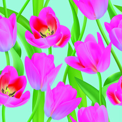 Floral Seamless tulip with leaves pattern on a beautiful background. High realism, vector, spring flowers for fabric, prints, decorations, invitation cards.