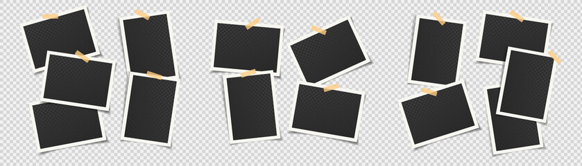 Set of empty black photo frames of various shape and size glued to transparent background with adhesive tape of different colors. Vector illustration with vintage style. - 507796238