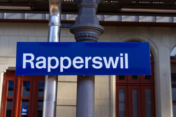 Sign at railway station of City of Rapperswil on a sunny spring day. Photo taken April 28th, 2022, Rapperswil-Jona, Switzerland.