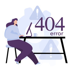 concept 404 error page. flat cartoon style woman with a laptop. Vector isolated illustration 