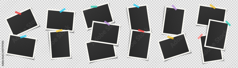 Aufkleber Collection of empty photo frames attached to transparent background with colorful adhesive tapes. Vector illustration. Template for your saving your memories.