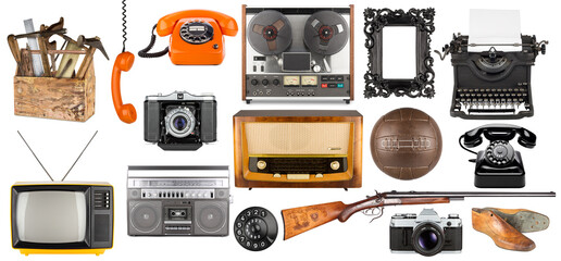 Big set collection of various retro vintage objects like rotary dial phone typewriter dslr camera...