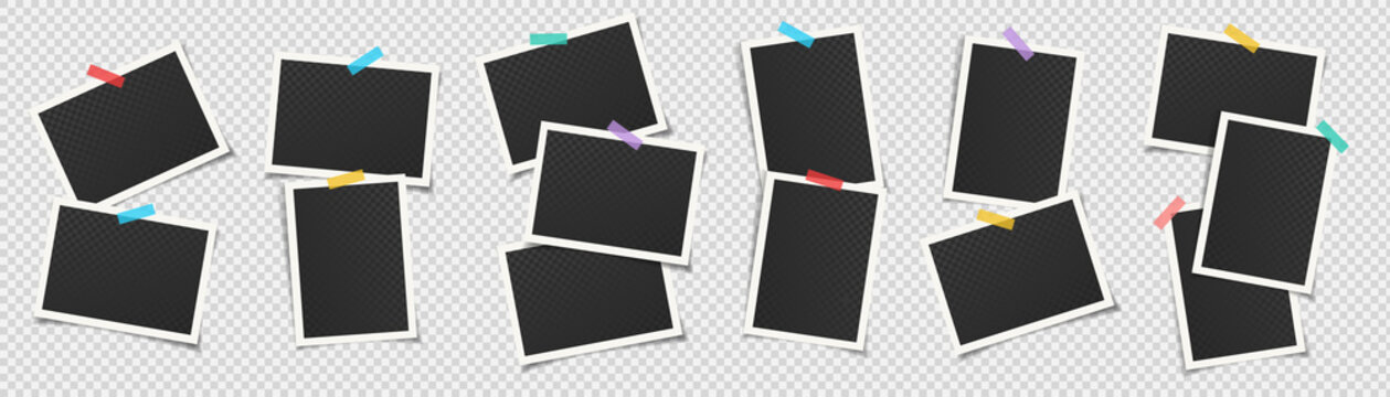 Collection of empty photo frames attached to transparent background with colorful adhesive tapes. Vector illustration. Template for your saving your memories.