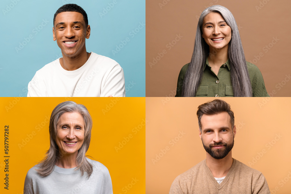 Wall mural collage of four different people in casual wear looking at camera, several diverse people involved v