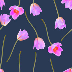 Floral Seamless tulip with leaves pattern on a beautiful background. High realism, vector, spring flowers for fabric, prints, decorations, invitation cards.