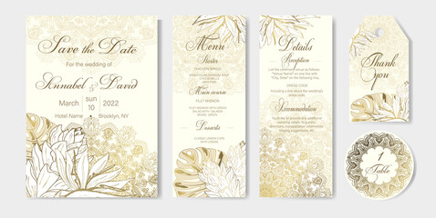Set of 5 wedding cards. Luxury background for wedding cards. Golden outline of flowers. Art of nature.