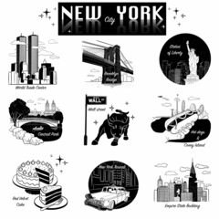 set of icons about New York, its landmarks and famous places. Digital art, 2022