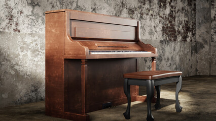 vintage piano in abandoned place, 3d rendering