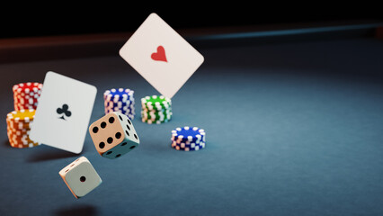 gambling card,chip and dice, 3d rendering