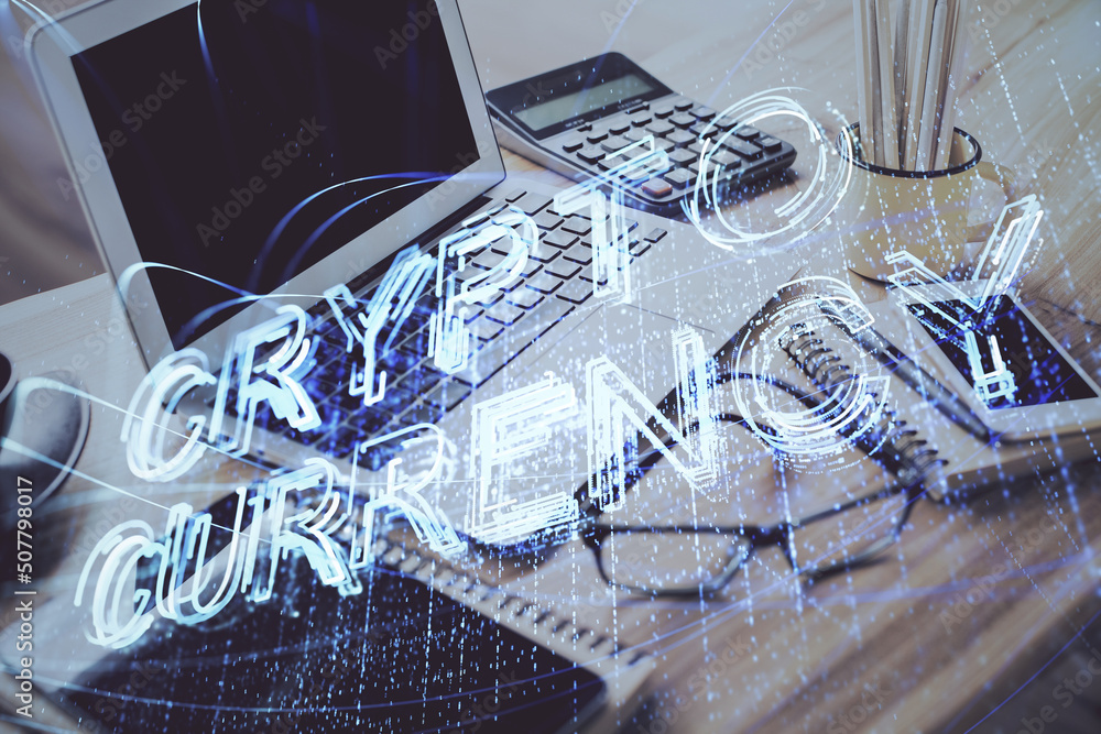 Aufkleber Double exposure of blockchain and crypto economy theme hologram and table with computer background. Concept of bitcoin cryptocurrency.