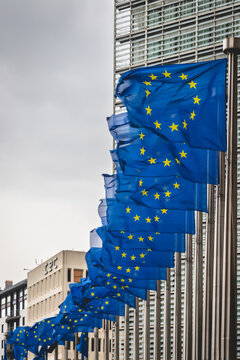 EU-Flaggen vor dem Geb&auml;ude der EU-Kommission, Br&uuml;ssel, Belgien