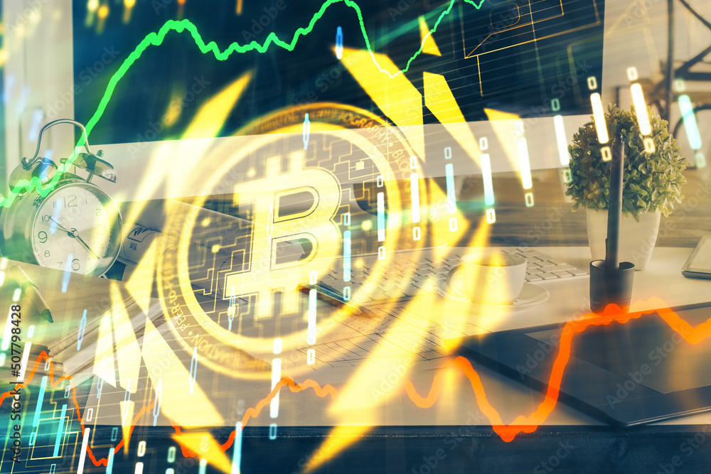 Poster Multi exposure of blockchain and crypto economy theme hologram and table with computer background. Concept of bitcoin cryptocurrency.