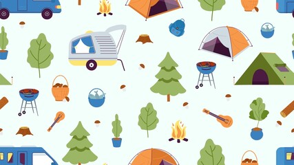 Camping seamless pattern. Camp tent, cars and tree, fire and mushroom. Summer autumn forest adventures print, vector nature background