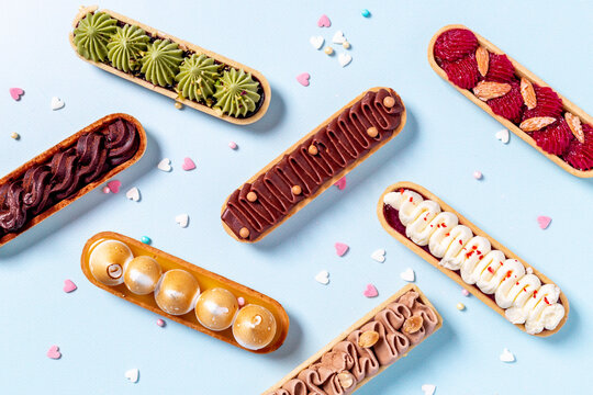 Delightful set of eclairs with pistachio raspberries and chocolate