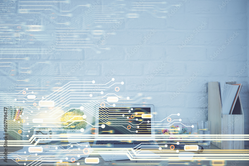 Poster multi exposure of desktop with personal computer and tech theme drawing. concept of bigdata.
